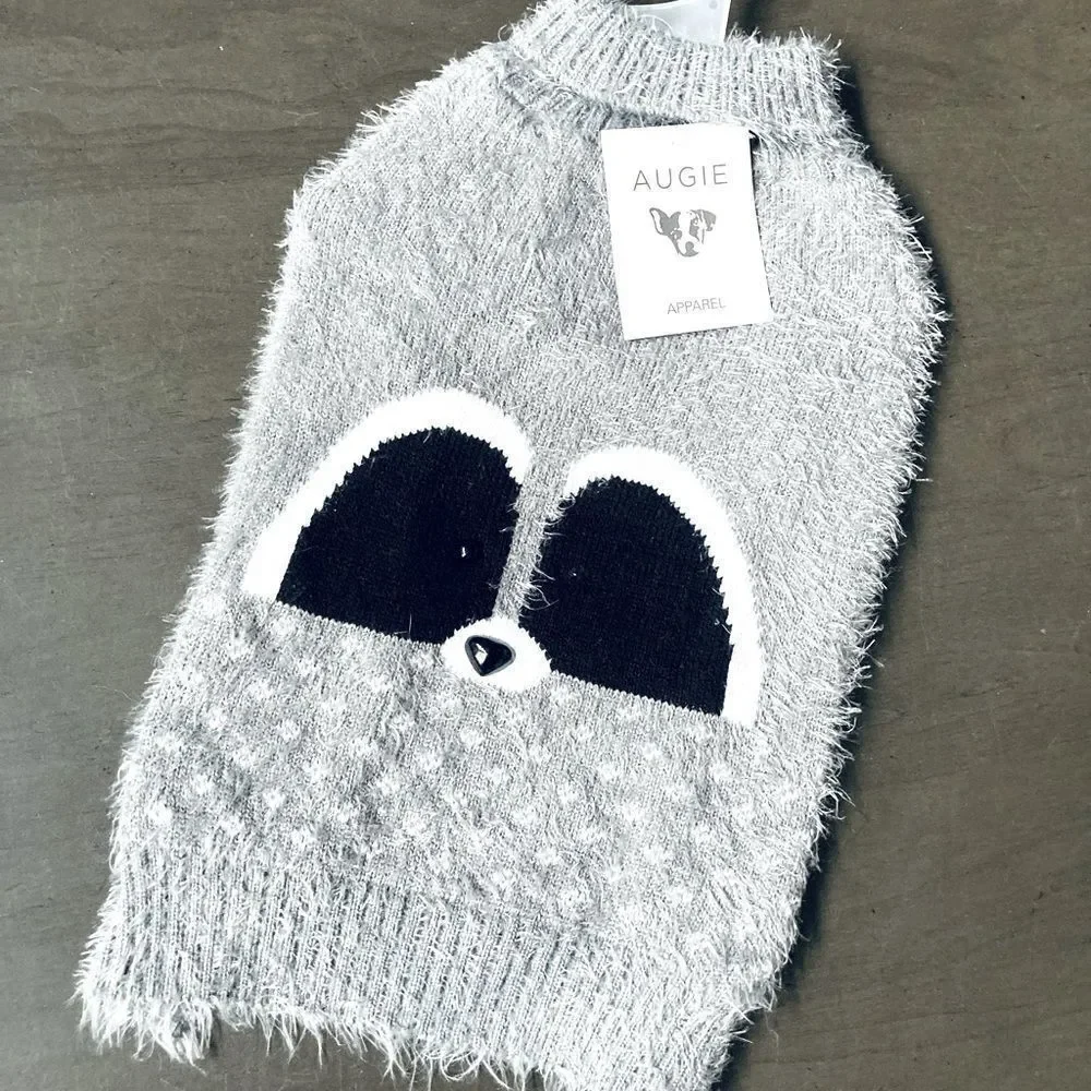 NWT Augie Raccoon Face Furry Gray Dog Pet Sweater